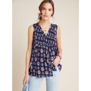 Anthropologie Maeve Bailee Pleated Tank Top Navy Blue Print Button Up Size XS